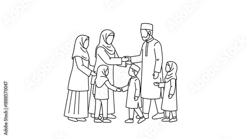 Muslim Family Greeting on Eid Day: A Heartwarming Black and White Illustration of Parents and Children Exchanging Greetings Celebrating Islamic Traditions and Family Bonds, Generative AI.