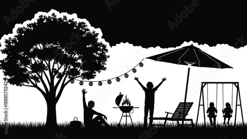 Minimalist black and white silhouette of a family backyard barbecue party featuring people grilling children on swings a large tree and festive string lights