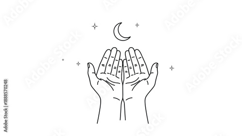 Praying Hands Under Crescent Moon and Stars: A Black and White Illustration Symbolizing Islamic Prayer Supplication and Faith During Eid, Generative AI.
