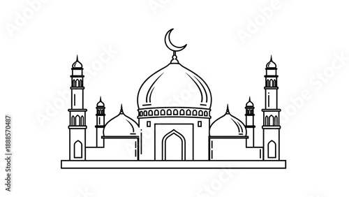 Iconic Mosque with Domes and Minarets Under a Crescent Moon Representing Islamic Architecture Faith and the Centrality of the Mosque in Muslim Communities during Eid, Generative AI.