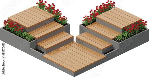Modern isometric 3D illustration of an outdoor wooden patio deck with stairs and central landing surrounded by concrete flower planters filled with red roses