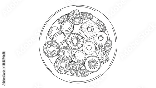 Top-Down View of a Plate Filled with Assorted Dried Fruits and Sweets A Delicious Assortment of Treats Perfect for Sharing During Eid Gatherings and Celebrations, Generative AI.