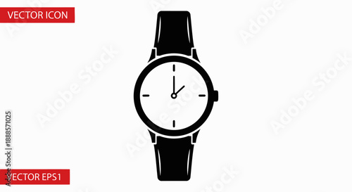 Classic Wristwatch Icon with Black Leather Strap.