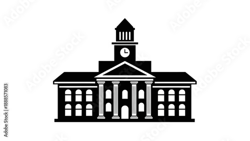 Classic Building With Columns and Clock Tower Silhouette.