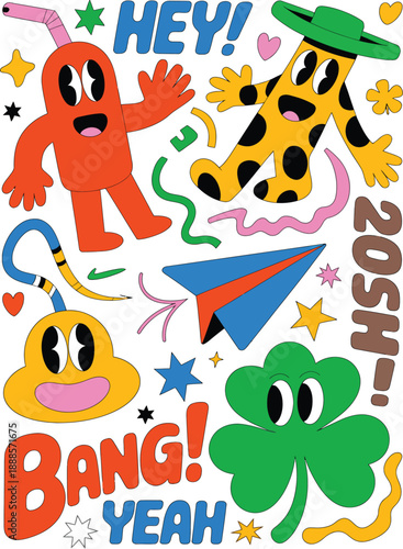 Colorful cartoon characters celebrating with stars and text