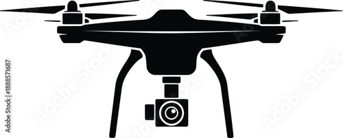 A powerful black silhouette of a flying drone featuring an integrated camera system on white