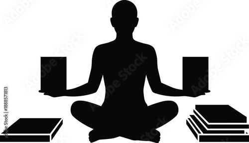 Silhouette of a person meditating in a lotus position holding books and surrounded by more books symbolizing knowledge balance and mental well-being