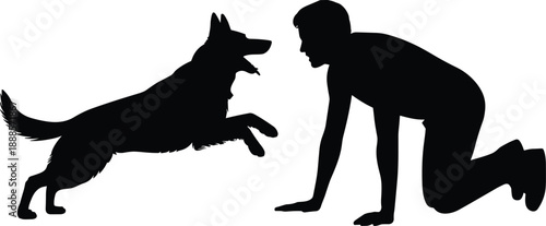 Silhouette of a playful German Shepherd dog jumping towards a person kneeling on the ground in a black and white