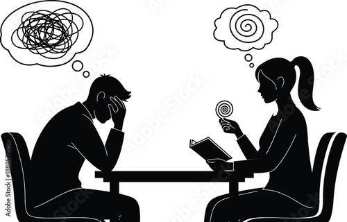 Psychology counseling session silhouette illustration showing stressed man and therapist woman, mental health support concept, therapy conversation, problem solving, emotional guidance, minimalist 