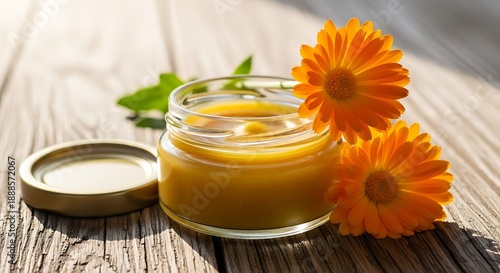 Calendula salve in a jar with orange flowers