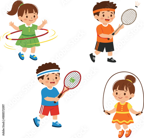 Happy kids playing sports and games including hula hoop, badminton, tennis, and skipping rope cartoon illustration