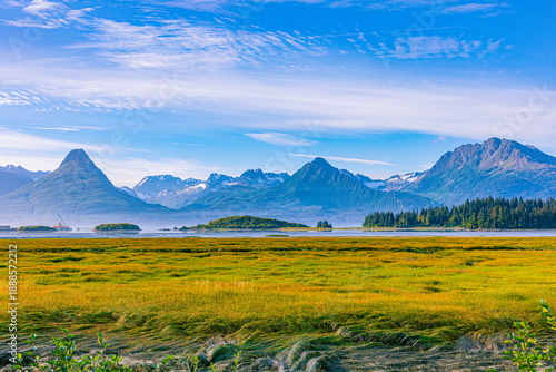 Coastal mountain landscape with wetlands and forest near Valdez, Alaska, under a bright blue sky with scattered clouds.