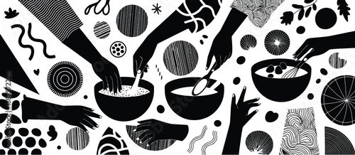 abstract black and white hand gestures interacting with modern shapes symbolism concept.