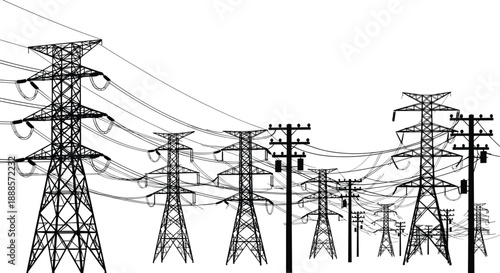High voltage power transmission towers silhouette with electric lines, energy infrastructure landscape, industrial electricity network vector illustration design