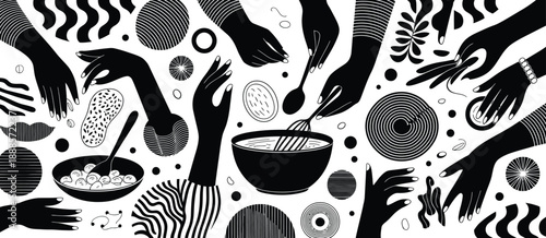 human hands with abstract geometric shapes monochrome conceptual design.