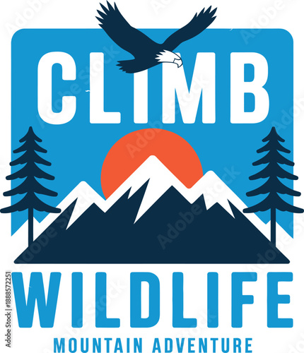 Blue and orange mountain adventure with eagle and trees