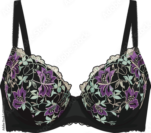 Elegant black floral bra lingerie illustration with lace details, women fashion undergarment design, modern vector, isolated on white background