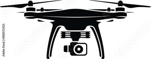 A sleek black drone with a mounted camera hovers silently, ready for aerial observation or photography