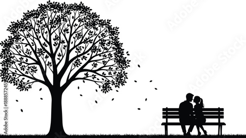 Romantic black and white vector silhouette of a couple sitting on a park bench under a large leafy tree with falling leaves for love designs