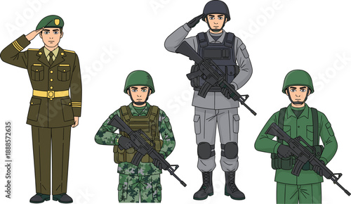 Military soldiers in different uniforms saluting and holding rifles, armed forces characters illustration, modern army concept, isolated on white background