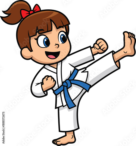 Cute cartoon girl practicing karate kick, martial arts training for kids, cheerful character illustration, vector design, isolated on white background