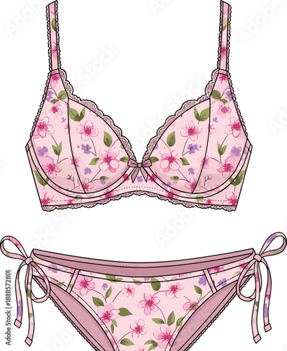 Floral bikini set illustration with pink bra and panties, women swimwear fashion design, cute vector, isolated on white background