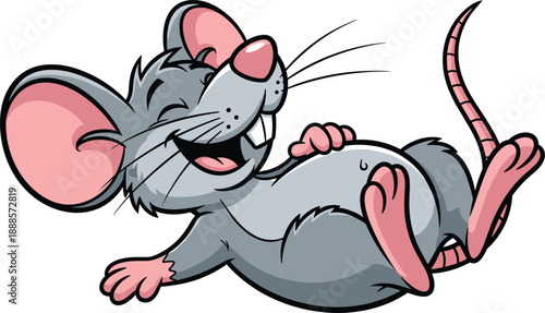 Funny cartoon mouse laughing and lying down, cute animal character illustration, playful mascot design, isolated on white background