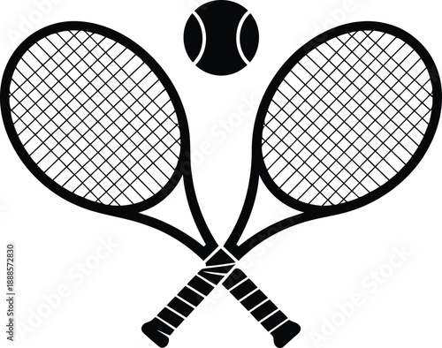 A striking black and white silhouette showcasing two crossed tennis rackets and a tennis ball floating above