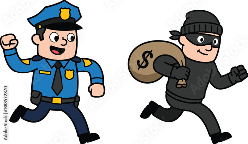 Cartoon police officer chasing thief with money bag, crime prevention concept, funny law enforcement illustration, isolated on white background