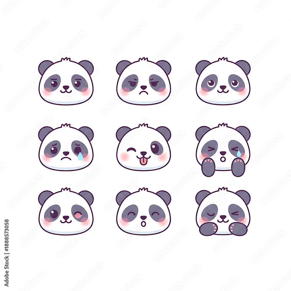 Obraz premium Adorable Panda Face Emoticons Collection, Huge Grid of Kawaii Panda Expressions and Character Reactions for Chat Apps and Social Media, Cute Animal Emoji Sticker Set with Happy, Sad, Angry, and Sleepy