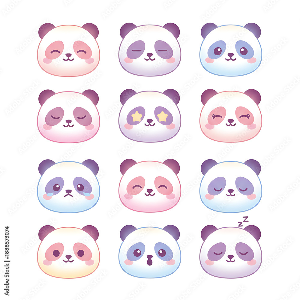 Obraz premium Adorable Panda Face Emoticons Collection, Huge Grid of Kawaii Panda Expressions and Character Reactions for Chat Apps and Social Media, Cute Animal Emoji Sticker Set with Happy, Sad, Angry, and Sleepy