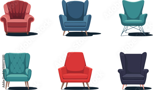 A stylish collection of six modern and vintage armchairs in various colors and designs isolated on white