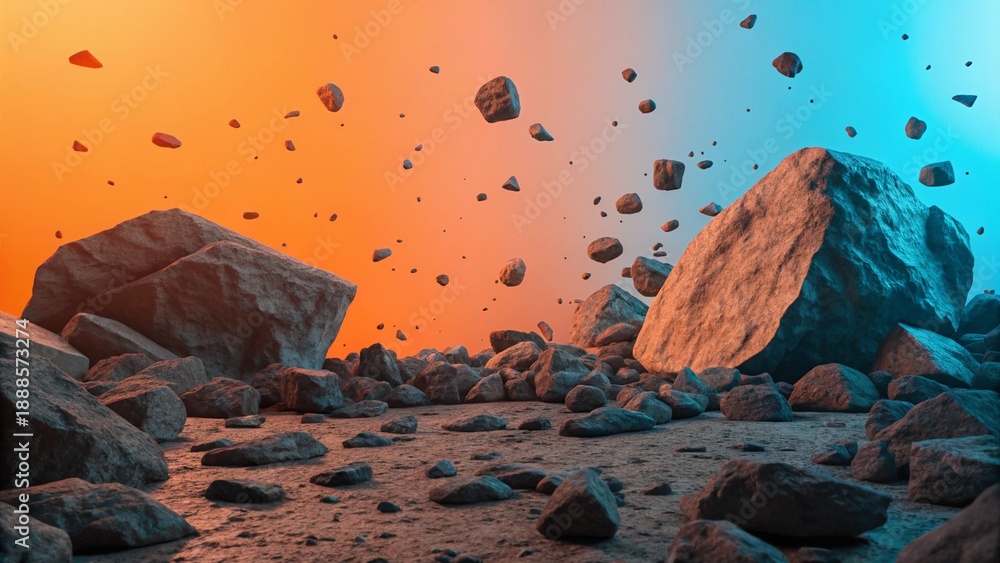 custom made wallpaper toronto digitalFloating Rocks And Boulders On Abstract Neon Orange And Blue Background