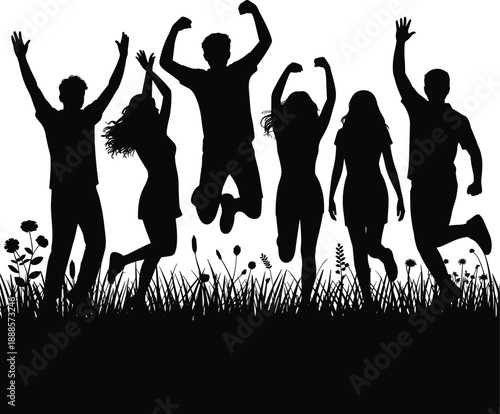 Joyful silhouetted group of six people jumping and celebrating in a grassy field with wildflowers under a bright sky