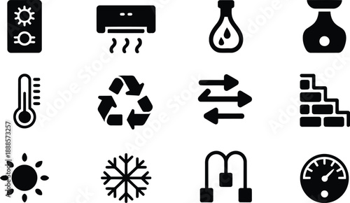 A varied collection of monochrome pictograms illustrating home systems, climate, and industrial indicators