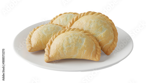 Four golden curry puffs arranged neatly on a white serving dish.