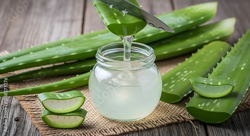 Aloe vera gel being poured into a glass jar