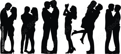 Silhouette collection of couples in romantic embraces and poses showcasing love, affection, and intimacy in various styles