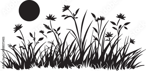 A minimalist spring nature illustration featuring a floral meadow design with grass and flowers silhouette vector patterns against a summer sky frame