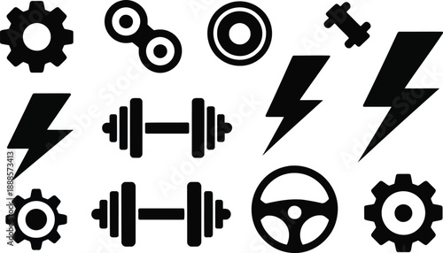 A varied grid of black icons depicting gears, barbells, lightning bolts, steering wheels, and chain links
