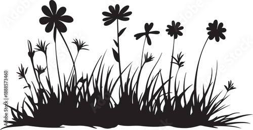 Vector illustration of a spring nature frame featuring a grass and flowers silhouette pattern with garden plant foliage and floral design elements