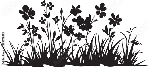 A vintage floral nature pattern featuring a spring grass and flowers vector illustration with butterfly silhouettes and leaf design elements for a summer wallpaper ornament