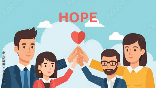Diverse group of people stacking hands with heart symbol representing hope and unity in a colorful illustration