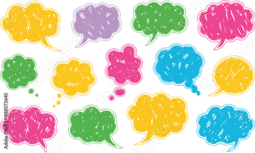 A vibrant assortment of hand drawn scribbled speech and thought bubbles scattered across a clean white surface