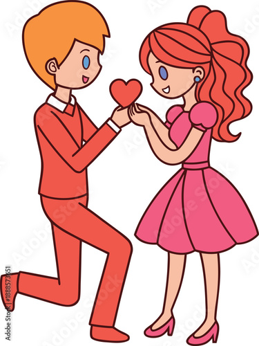 A man on one knee proposing to a woman with a heart held between them, both in red and pink attire, against a white background, a romantic gesture, concept, love