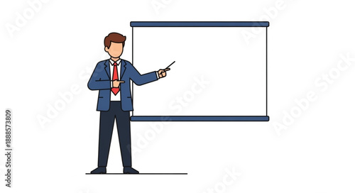 Businessman presenting information on a blank whiteboard.