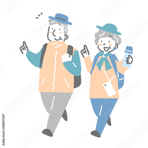 笑顔で旅行を楽しむシニア夫婦　やわらかいタッチのお洒落なシンプルイラスト
