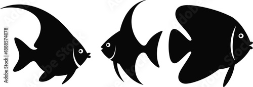 Fish silhouette vector set, tropical aquarium sea creatures illustration, underwater marine life icons, black flat aquatic design elements isolated