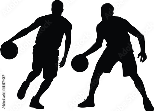 Action packed silhouettes of two male basketball players engaged in a fast paced game