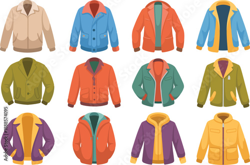 An array of cartoon style mens jackets and coats in various colors on white background